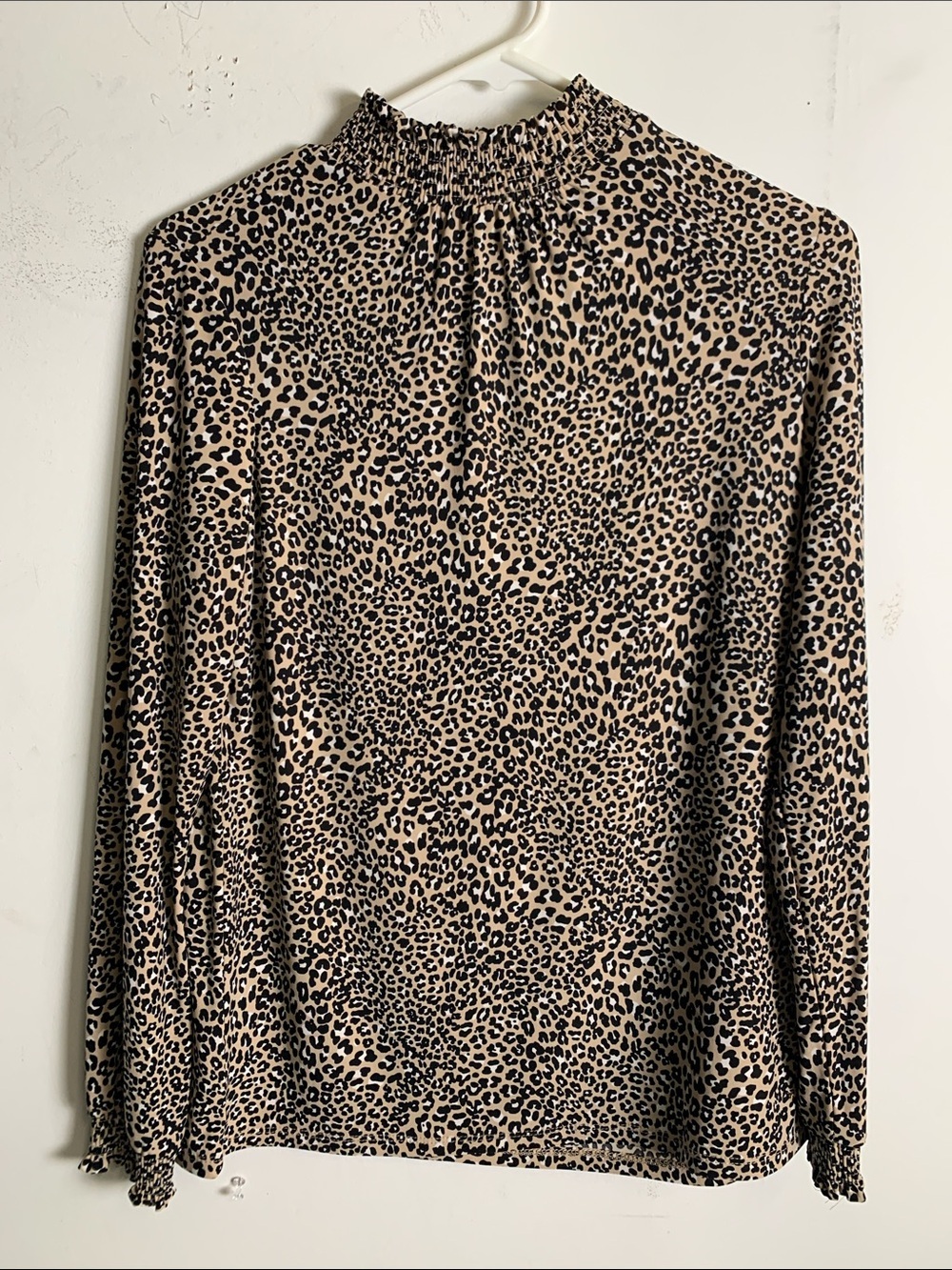 Anne Klein Beige and Black Leopard Smocked Mock Neck Long Sleeve Top